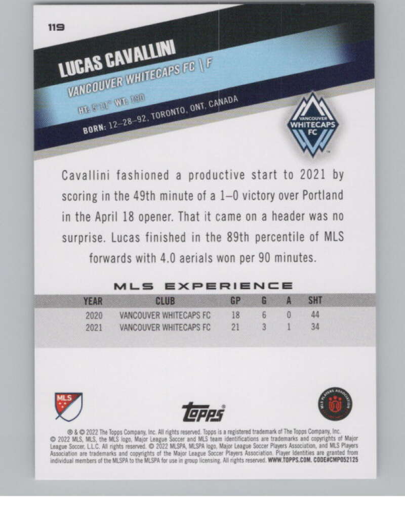 2022 Topps MLS Soccer #119 Lucas Cavallini  Vancouver Whitecaps  V97765 Image 2