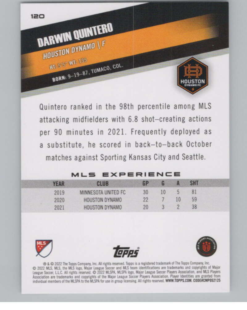 2022 Topps MLS Soccer #120 Darwin Quintero  Houston Dynamo  V97768 Image 2