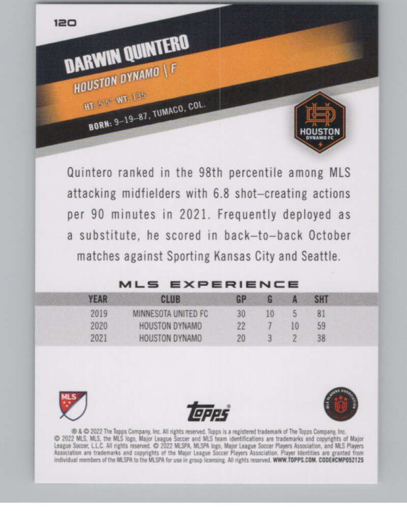 2022 Topps MLS Soccer #120 Darwin Quintero  Houston Dynamo  V97769 Image 2