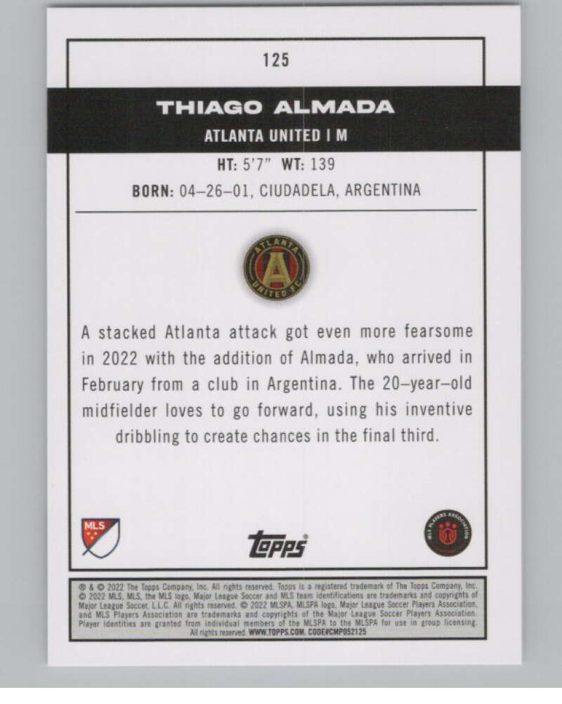 2022 Topps MLS Soccer #125 Thiago Almada  RC Rookie Atlanta United  V97782 Image 2