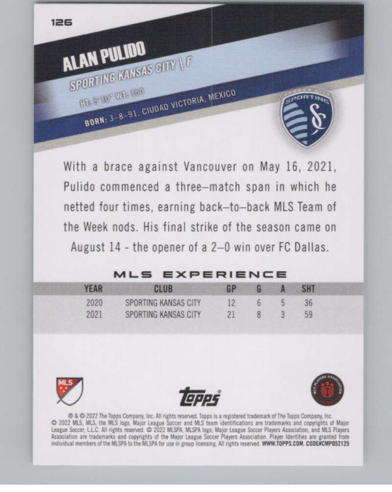 2022 Topps MLS Soccer #126 Alan Pulido  Sporting Kansas City  V97785 Image 2