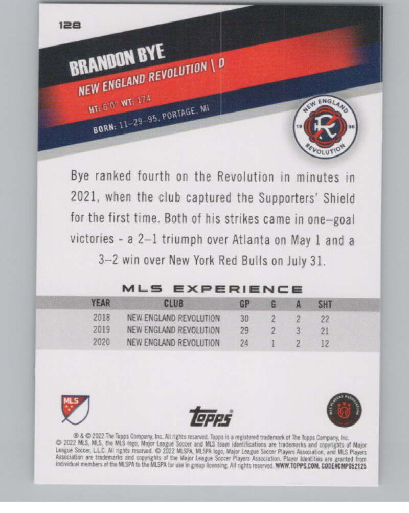 2022 Topps MLS Soccer #128 Brandon Bye  New England Revolution  V97789 Image 2