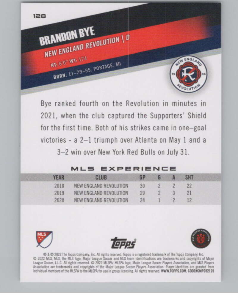 2022 Topps MLS Soccer #128 Brandon Bye  New England Revolution  V97790 Image 2