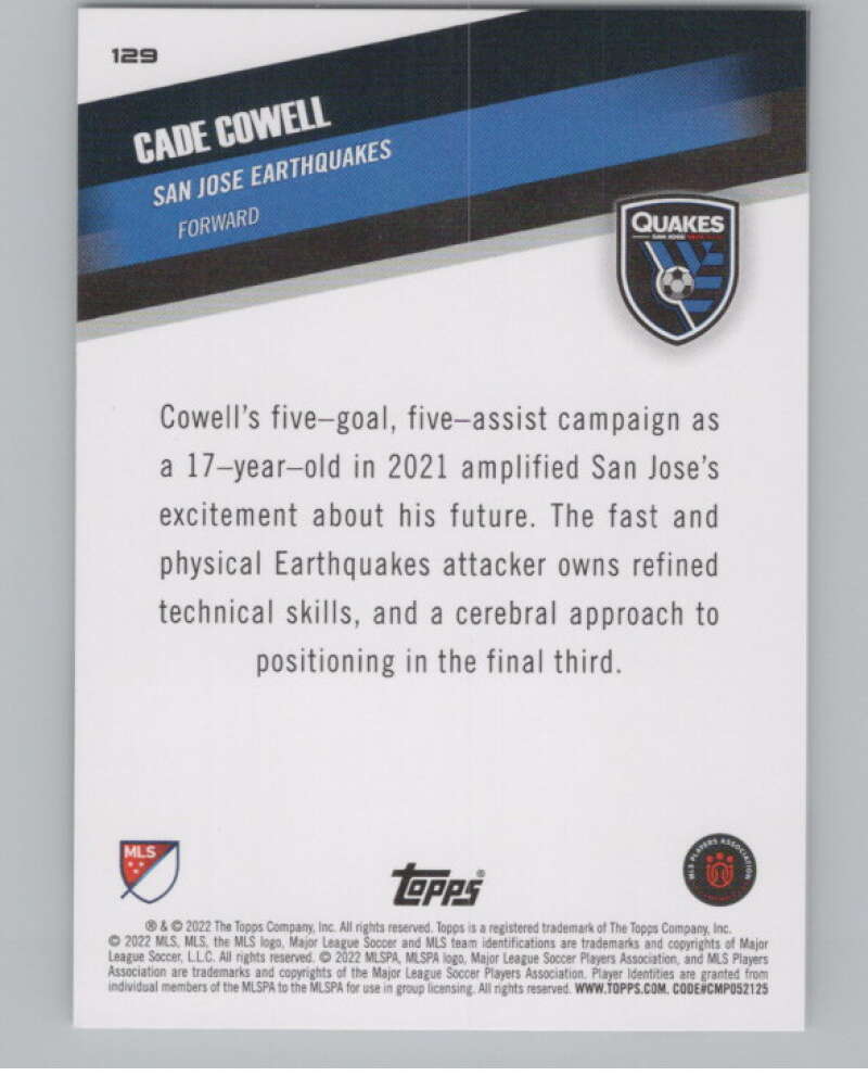 2022 Topps MLS Soccer #129 Cade Cowell  San Jose Earthquakes  V97792 Image 2