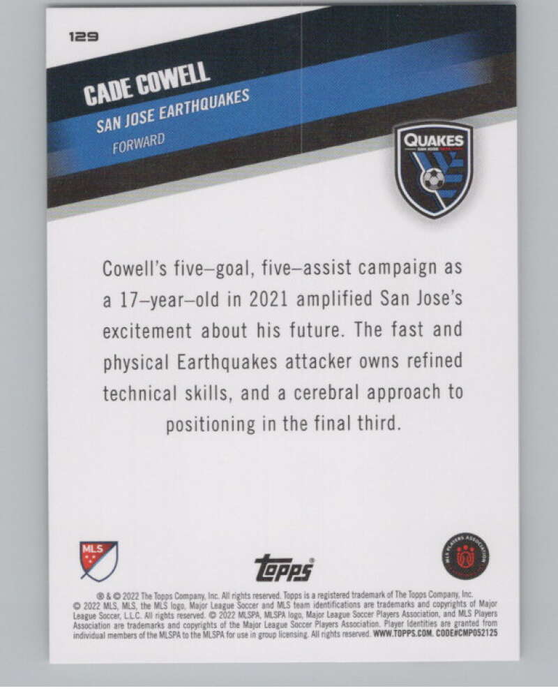 2022 Topps MLS Soccer #129 Cade Cowell  San Jose Earthquakes  V97793 Image 2
