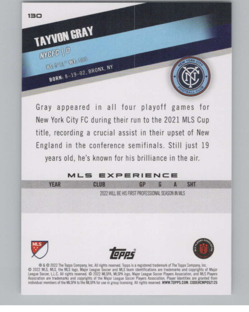 2022 Topps MLS Soccer #130 Tayvon Gray  New York City FC  V97794 Image 2