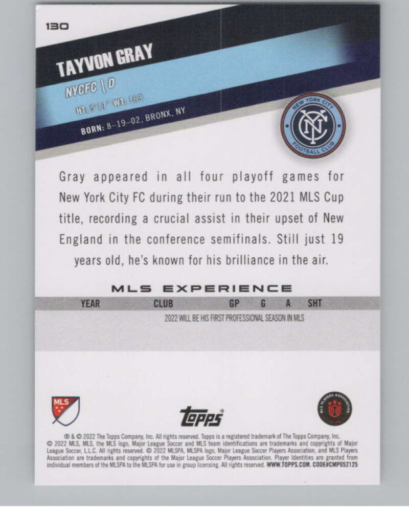 2022 Topps MLS Soccer #130 Tayvon Gray  New York City FC  V97795 Image 2