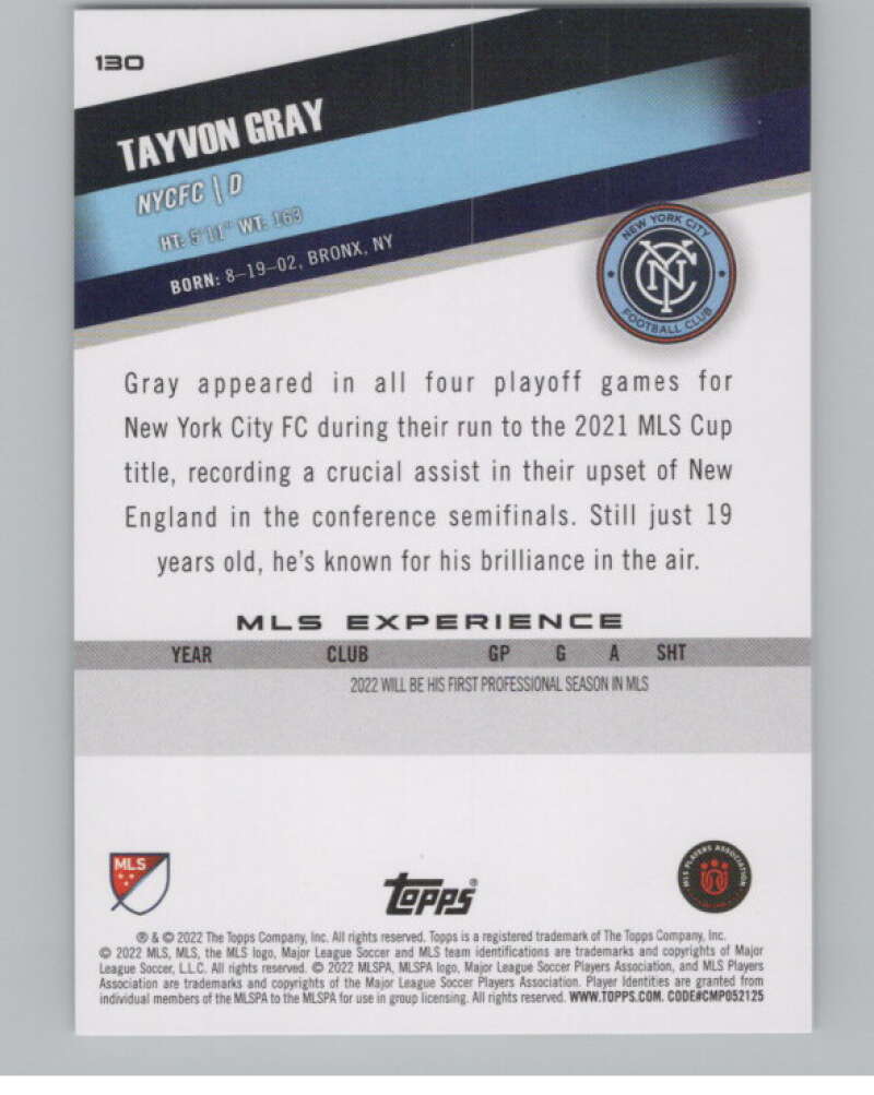 2022 Topps MLS Soccer #130 Tayvon Gray  New York City FC  V97796 Image 2