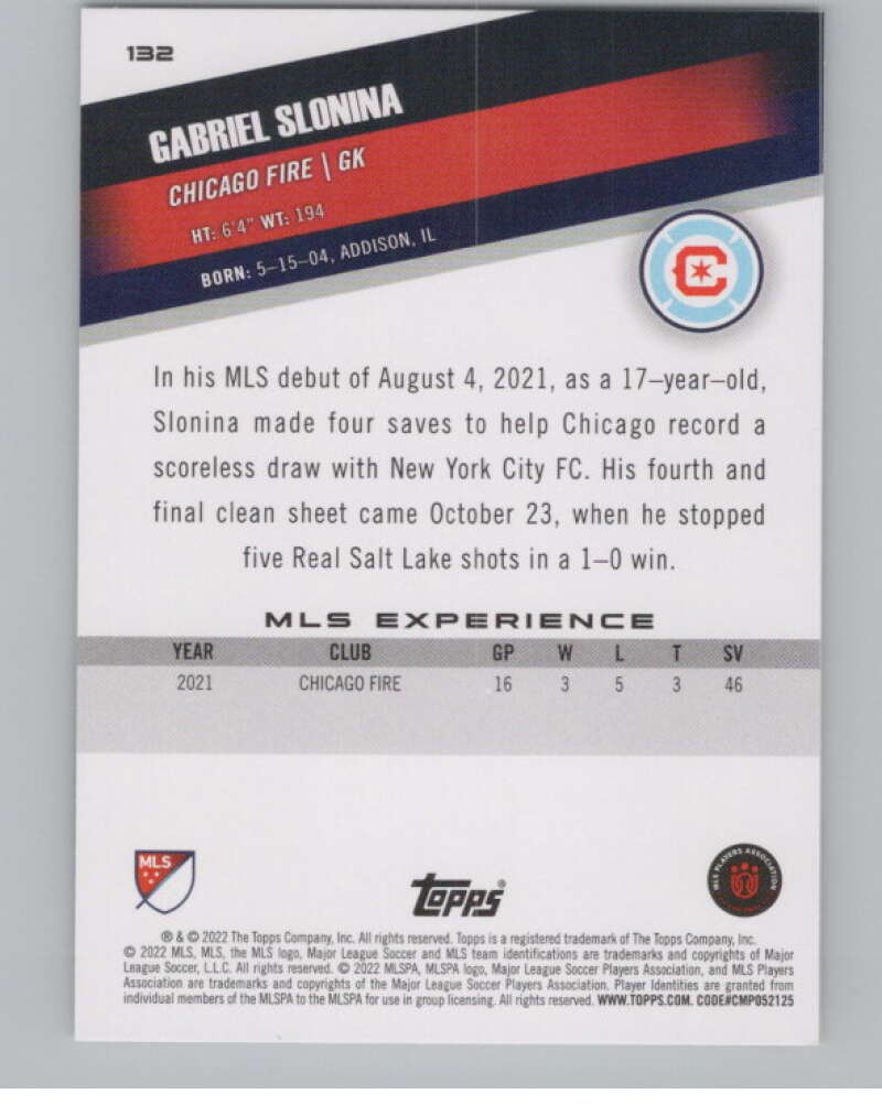2022 Topps MLS Soccer #132 Gabriel Slonina  Chicago Fire  V97801 Image 2