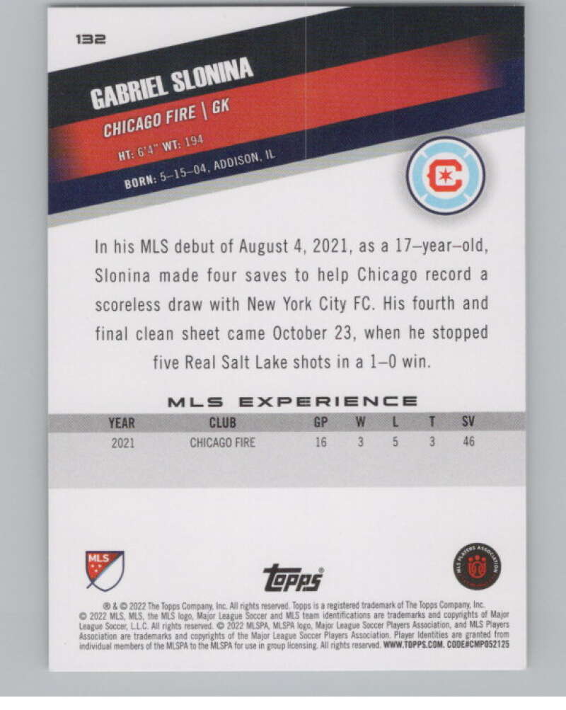 2022 Topps MLS Soccer #132 Gabriel Slonina  Chicago Fire  V97802 Image 2