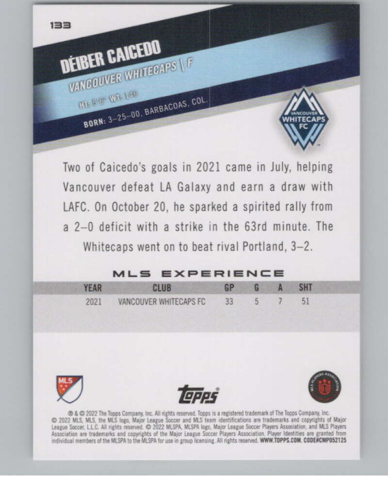 2022 Topps MLS Soccer #133 Deiber Caicedo  RC Rookie Vancouver  V97803 Image 2