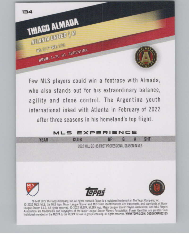 2022 Topps MLS Soccer #134 Thiago Almada  RC Rookie Atlanta  V97805 Image 2