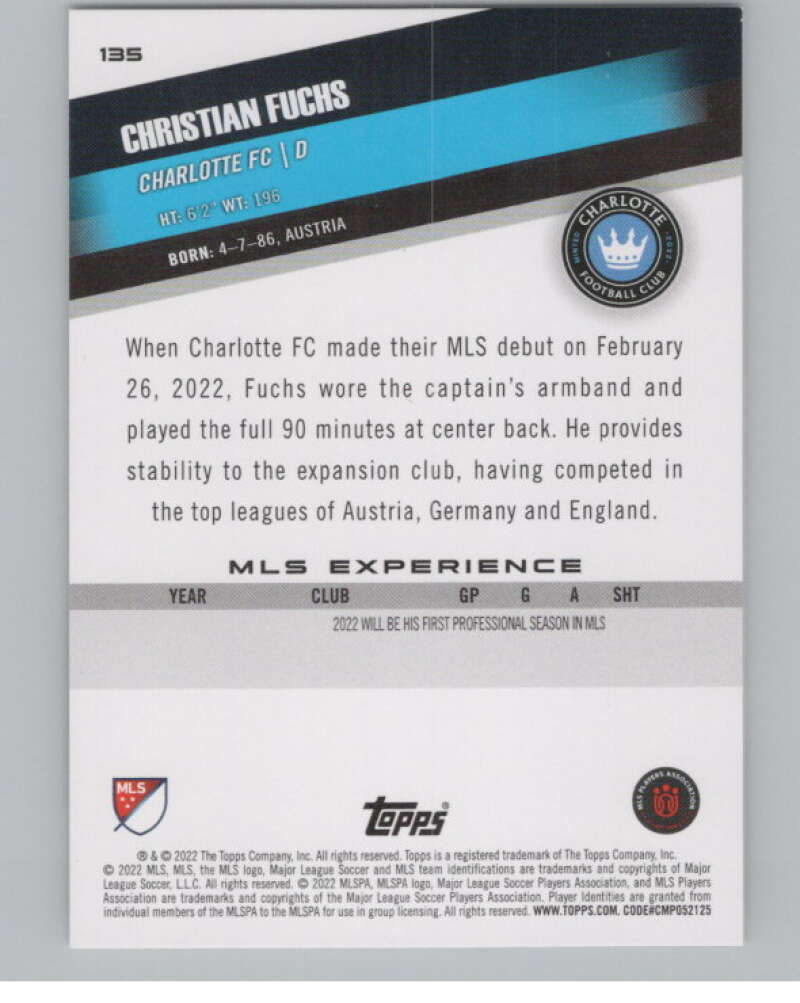 2022 Topps MLS Soccer #135 Christian Fuchs  Charlotte FC  V97808 Image 2