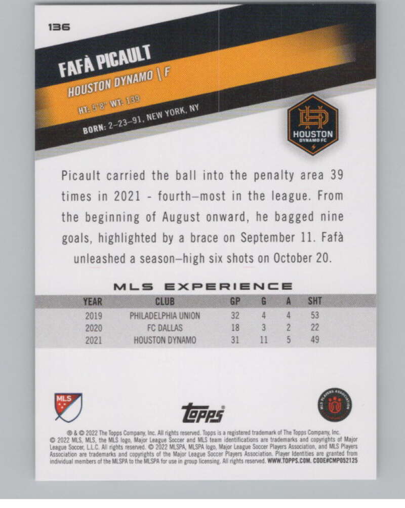 2022 Topps MLS Soccer #136 Fafa Picault  Houston Dynamo  V97812 Image 2