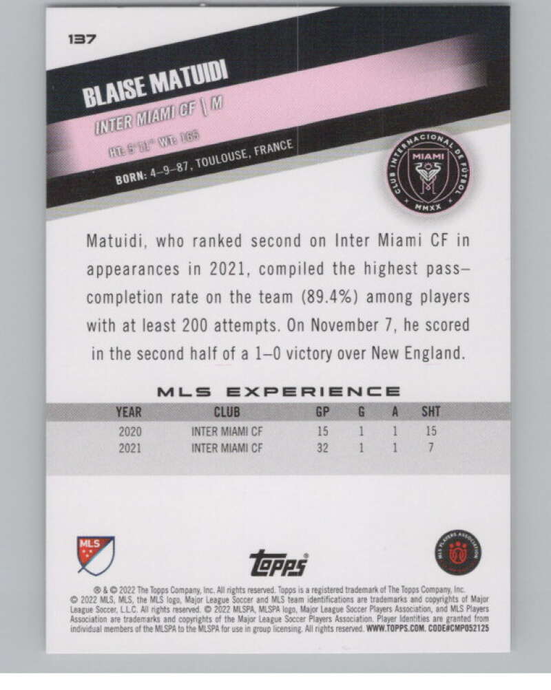 2022 Topps MLS Soccer #137 Blaise Matuidi  Inter Miami CF  V97814 Image 2