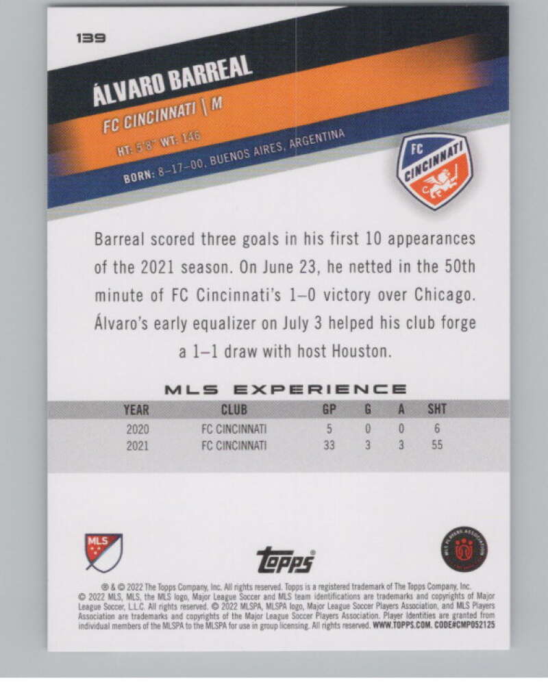 2022 Topps MLS Soccer #139 Alvaro Barreal  FC Cincinnati  V97817 Image 2