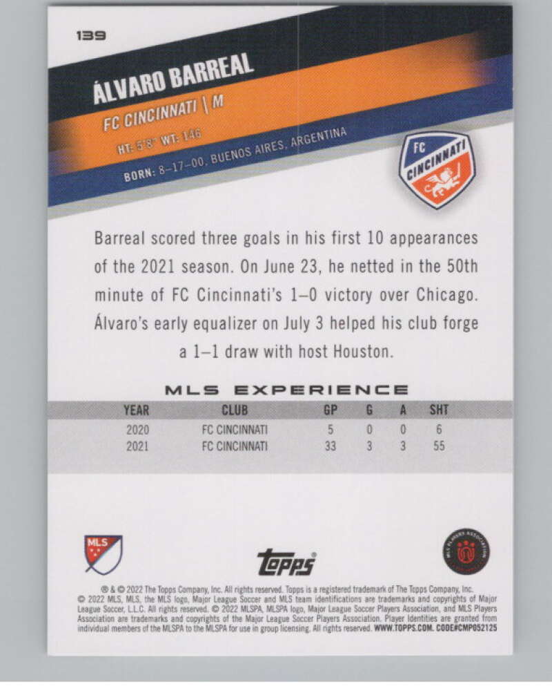 2022 Topps MLS Soccer #139 Alvaro Barreal  FC Cincinnati  V97818 Image 2