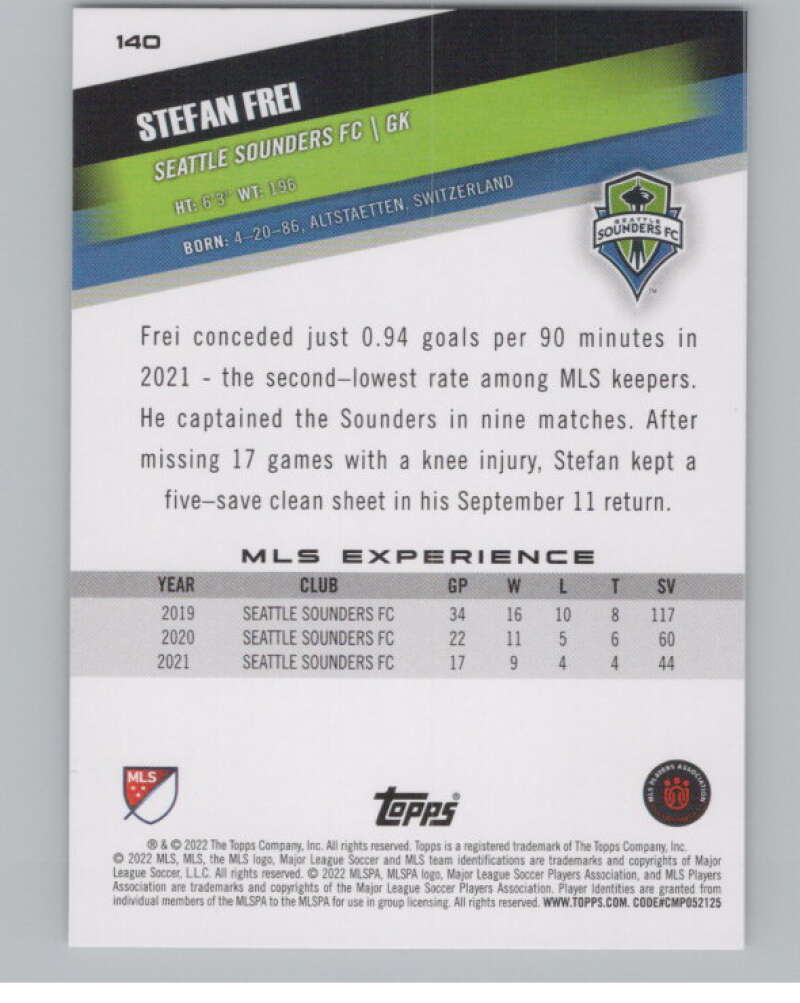 2022 Topps MLS Soccer #140 Stefan Frei  Seattle Sounders FC  V97819 Image 2