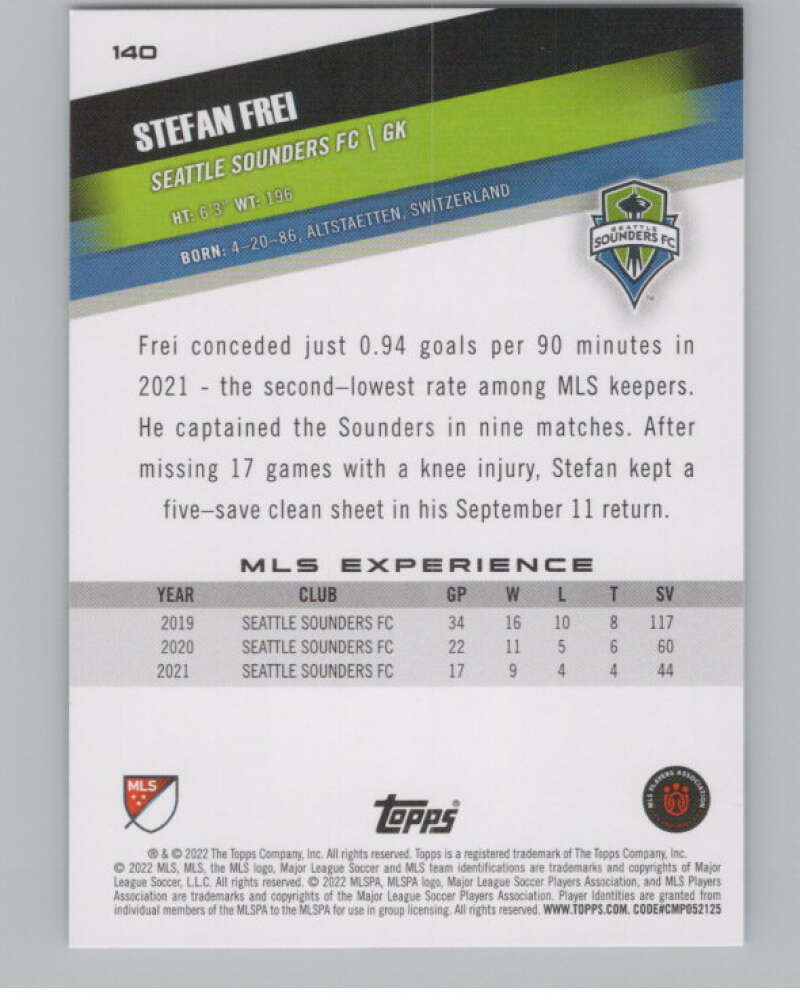 2022 Topps MLS Soccer #140 Stefan Frei  Seattle Sounders FC  V97821 Image 2