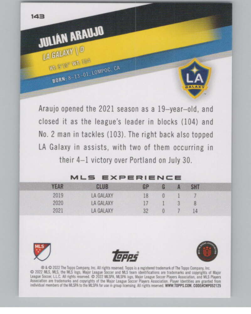 2022 Topps MLS Soccer #143 Julian Araujo  Los Angeles Galaxy  V97828 Image 2