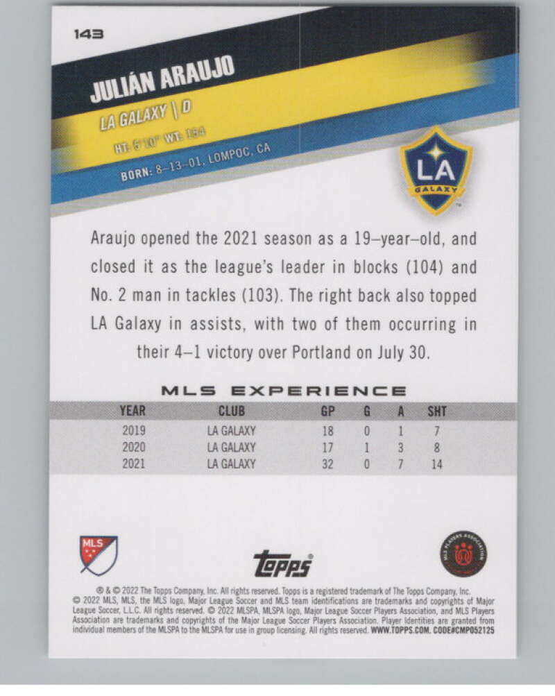 2022 Topps MLS Soccer #143 Julian Araujo  Los Angeles Galaxy  V97829 Image 2