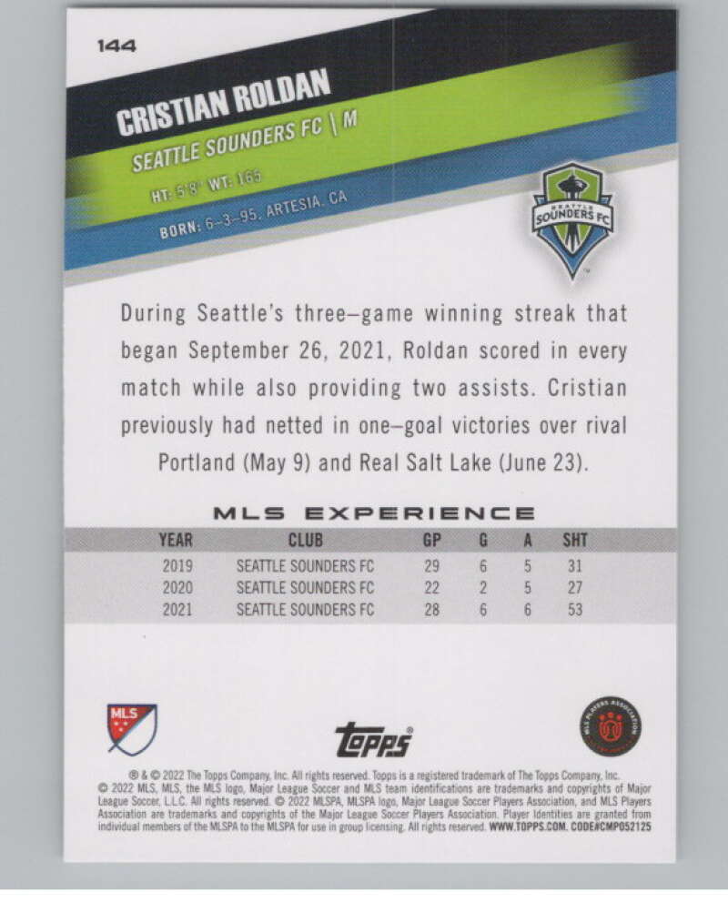 2022 Topps MLS Soccer #144 Cristian Roldan  Seattle Sounders FC  V97830 Image 2