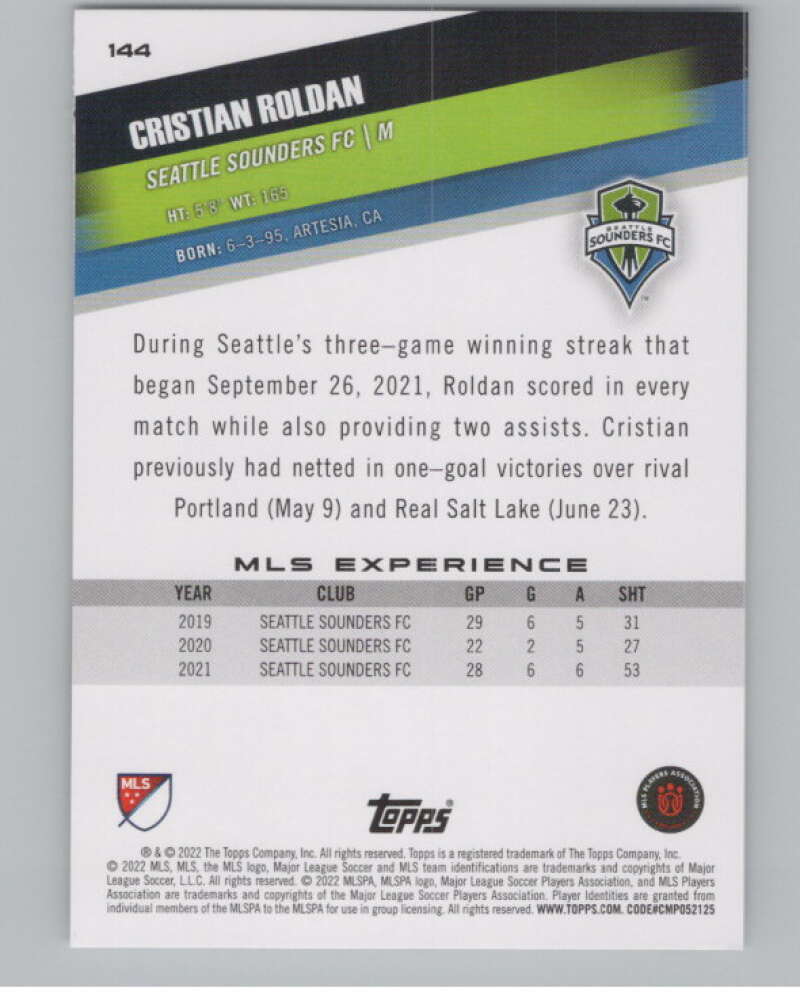 2022 Topps MLS Soccer #144 Cristian Roldan  Seattle Sounders FC  V97831 Image 2