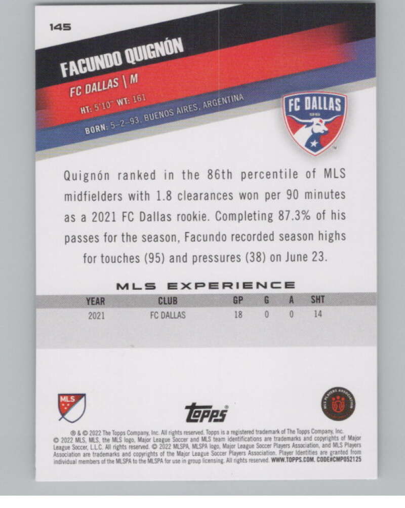 2022 Topps MLS Soccer #145 Facundo Quignon  FC Dallas  V97832 Image 2