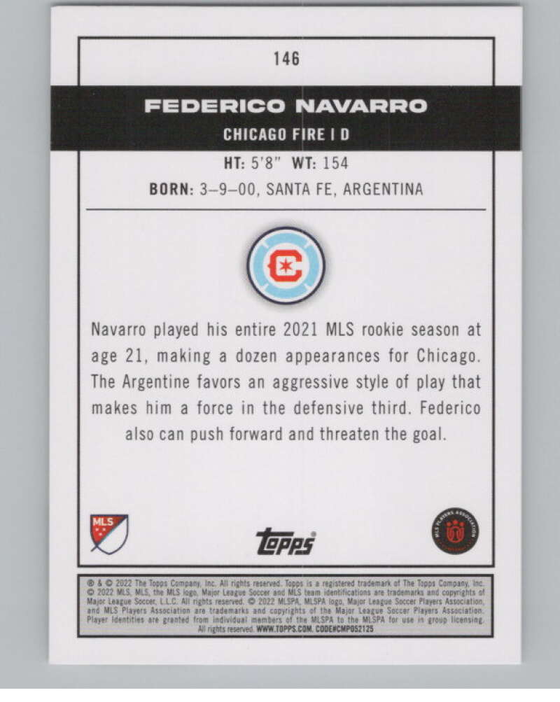 2022 Topps MLS Soccer #146 Federico Navarro  RC Rookie Chicago  V97835 Image 2