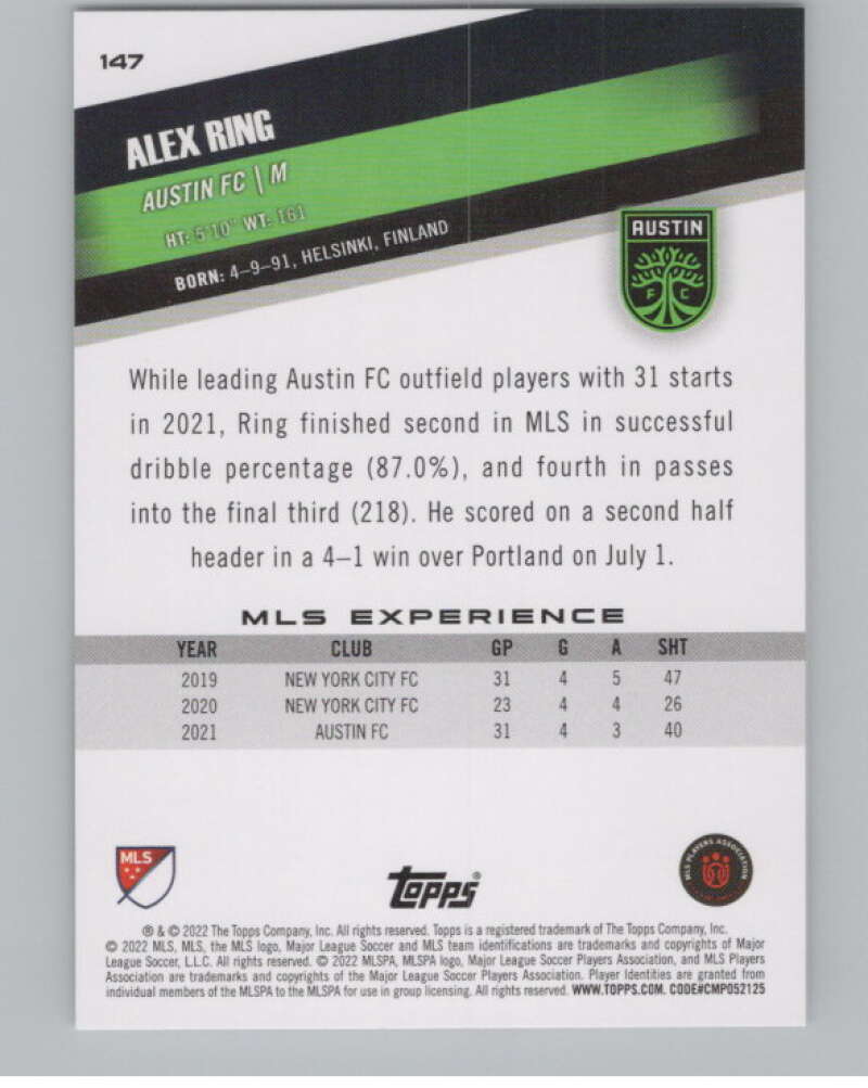 2022 Topps MLS Soccer #147 Alex Ring  Austin FC  V97838 Image 2