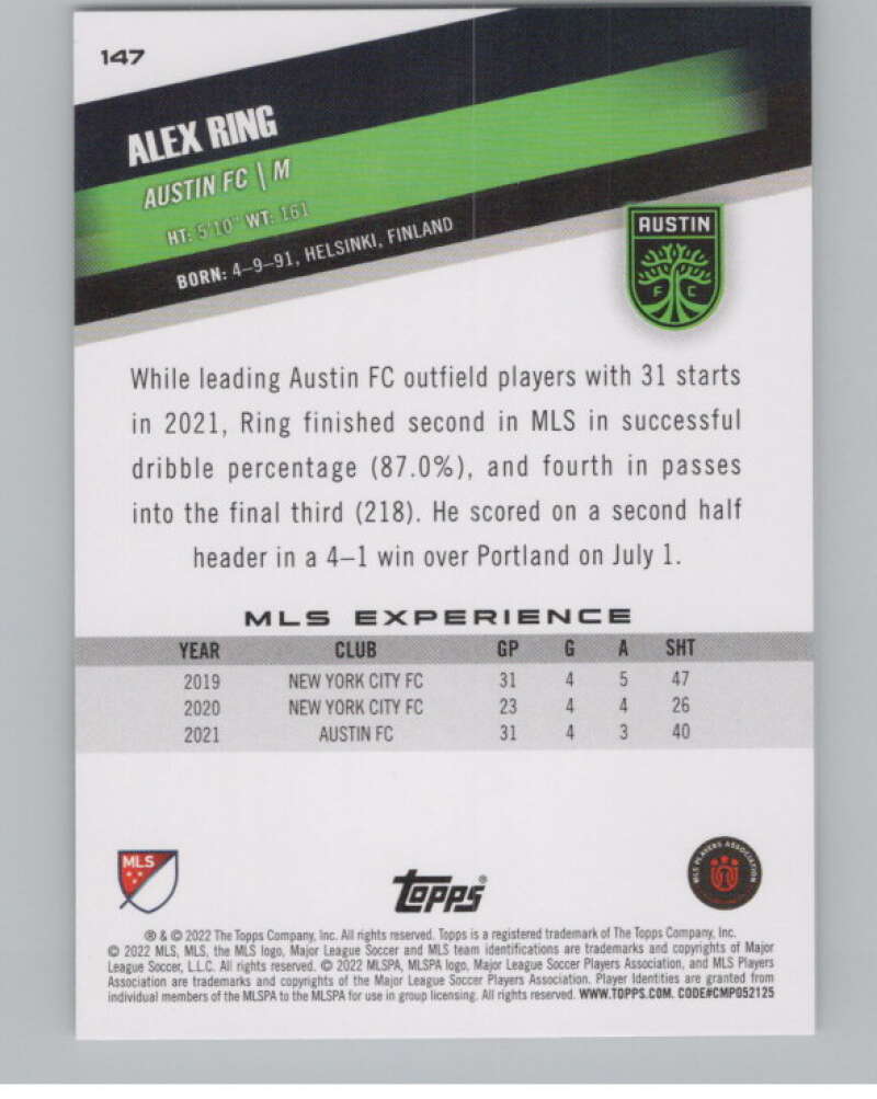 2022 Topps MLS Soccer #147 Alex Ring  Austin FC  V97839 Image 2
