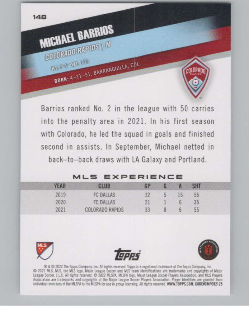 2022 Topps MLS Soccer #148 Michael Barrios  Colorado Rapids  V97840 Image 2