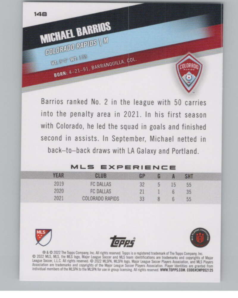 2022 Topps MLS Soccer #148 Michael Barrios  Colorado Rapids  V97841 Image 2