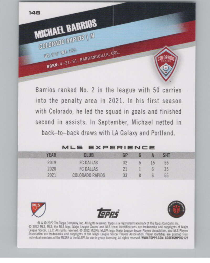 2022 Topps MLS Soccer #148 Michael Barrios  Colorado Rapids  V97842 Image 2