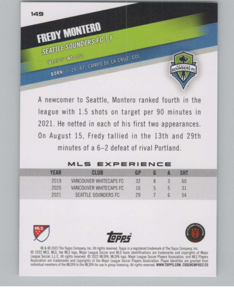 2022 Topps MLS Soccer #149 Fredy Montero  Seattle Sounders FC  V97843 Image 2