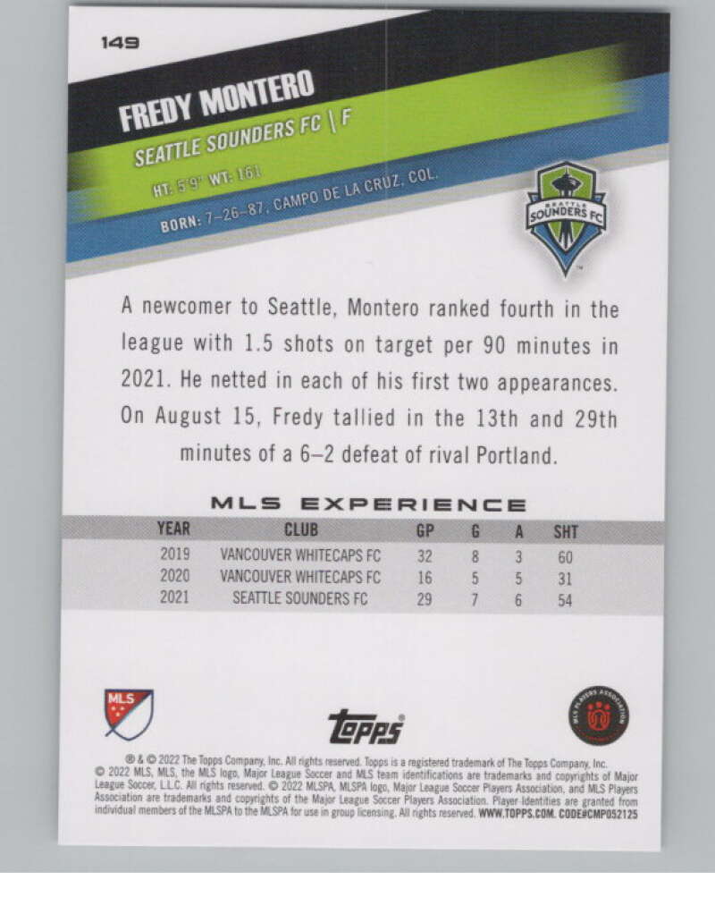 2022 Topps MLS Soccer #149 Fredy Montero  Seattle Sounders FC  V97844 Image 2