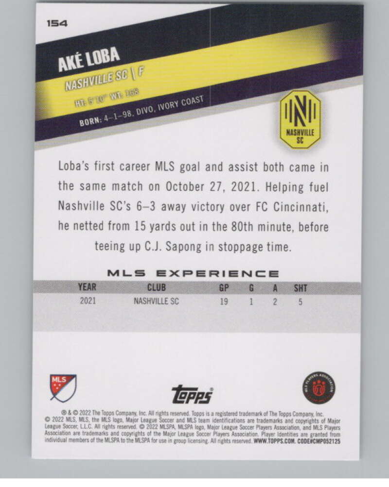 2022 Topps MLS Soccer #154 Ake Loba  RC Rookie Nashville SC  V97852 Image 2