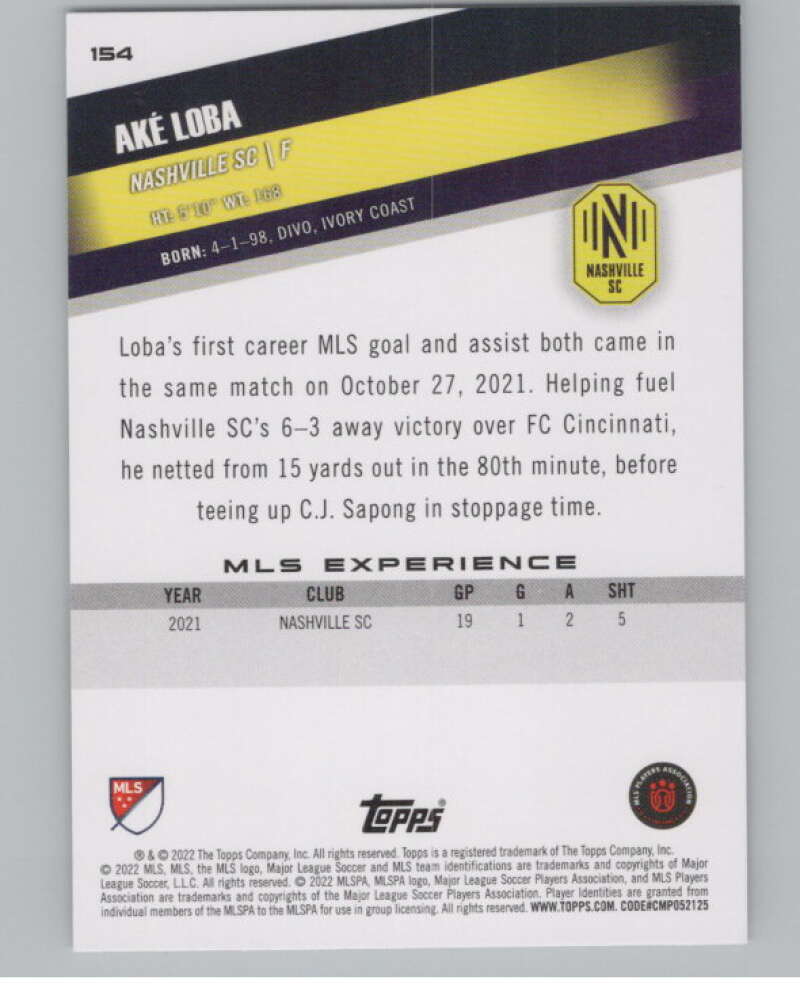 2022 Topps MLS Soccer #154 Ake Loba  RC Rookie Nashville SC  V97853 Image 2