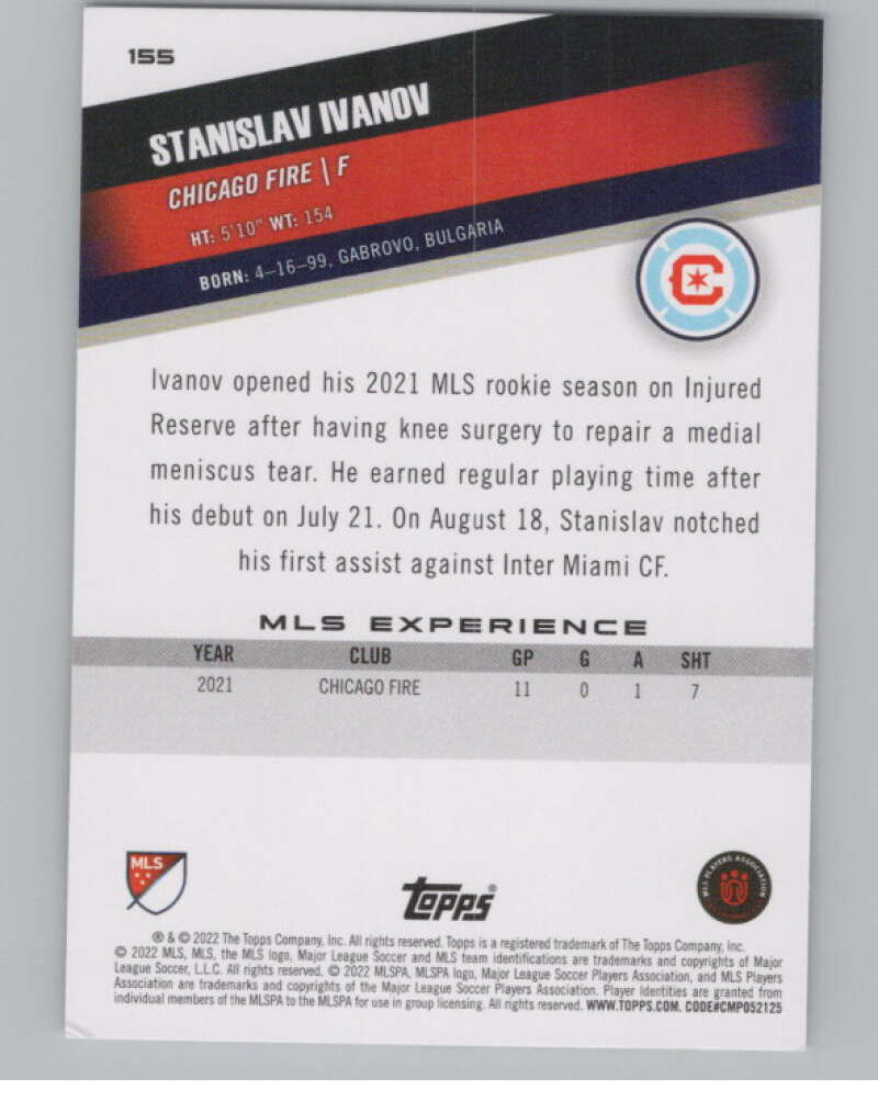 2022 Topps MLS Soccer #155 Stanislav Ivanov  RC Rookie Chicago  V97855 Image 2