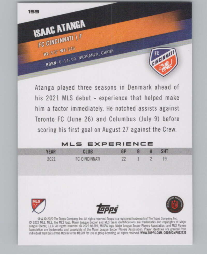 2022 Topps MLS Soccer #159 Isaac Atanga  RC Rookie FC Cincinnati  V97863 Image 2