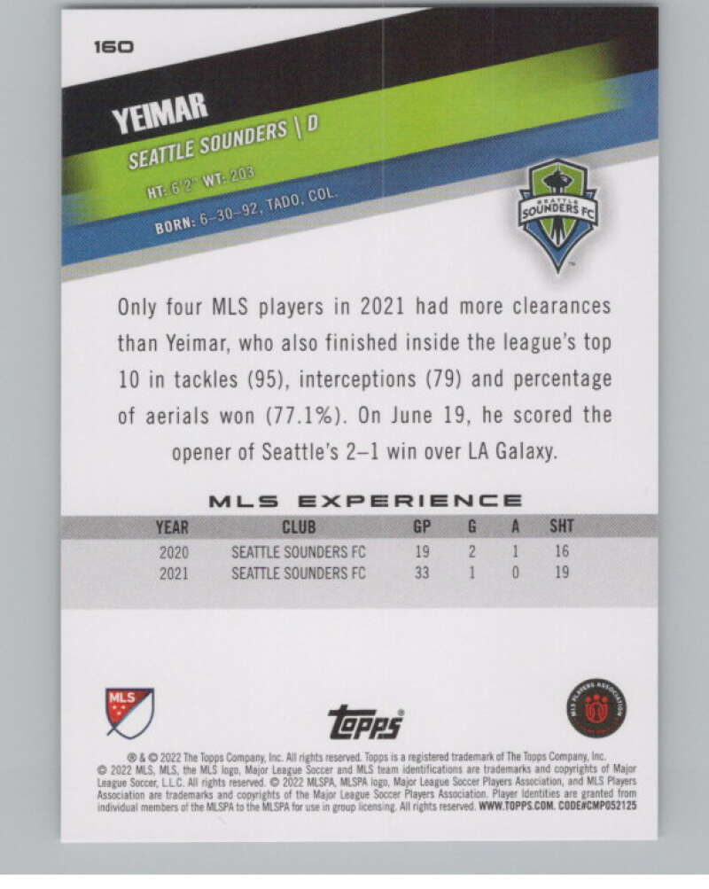 2022 Topps MLS Soccer #160 Yeimar  Seattle Sounders  V97865 Image 2