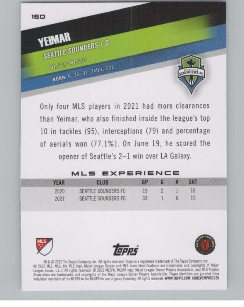 2022 Topps MLS Soccer #160 Yeimar  Seattle Sounders  V97866 Image 2