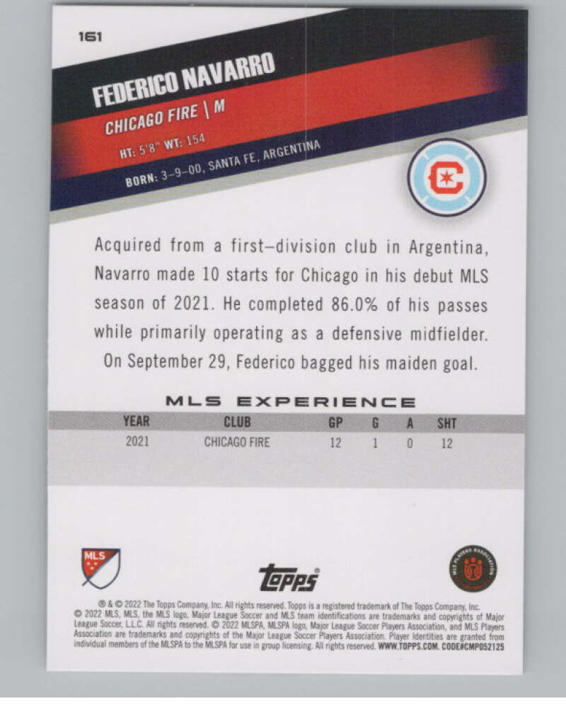 2022 Topps MLS Soccer #161 Federico Navarro  RC Rookie Chicago  V97868 Image 2