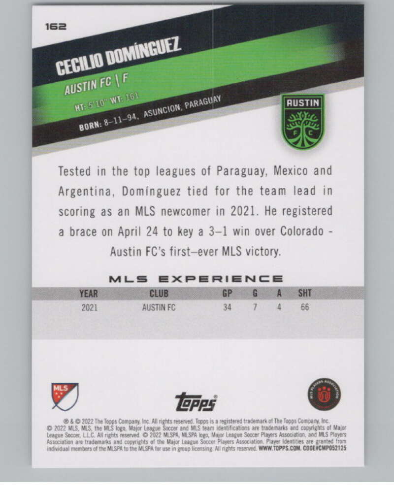 2022 Topps MLS Soccer #162 Cecilio Dominguez  Austin FC  V97871 Image 2