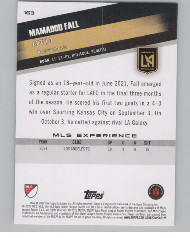 2022 Topps MLS Soccer #163 Mamadou Fall  Los Angeles FC  V97873 Image 2