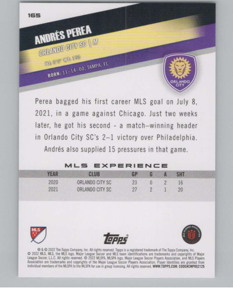 2022 Topps MLS Soccer #165 Andres Perea  Orlando City SC  V97878 Image 2