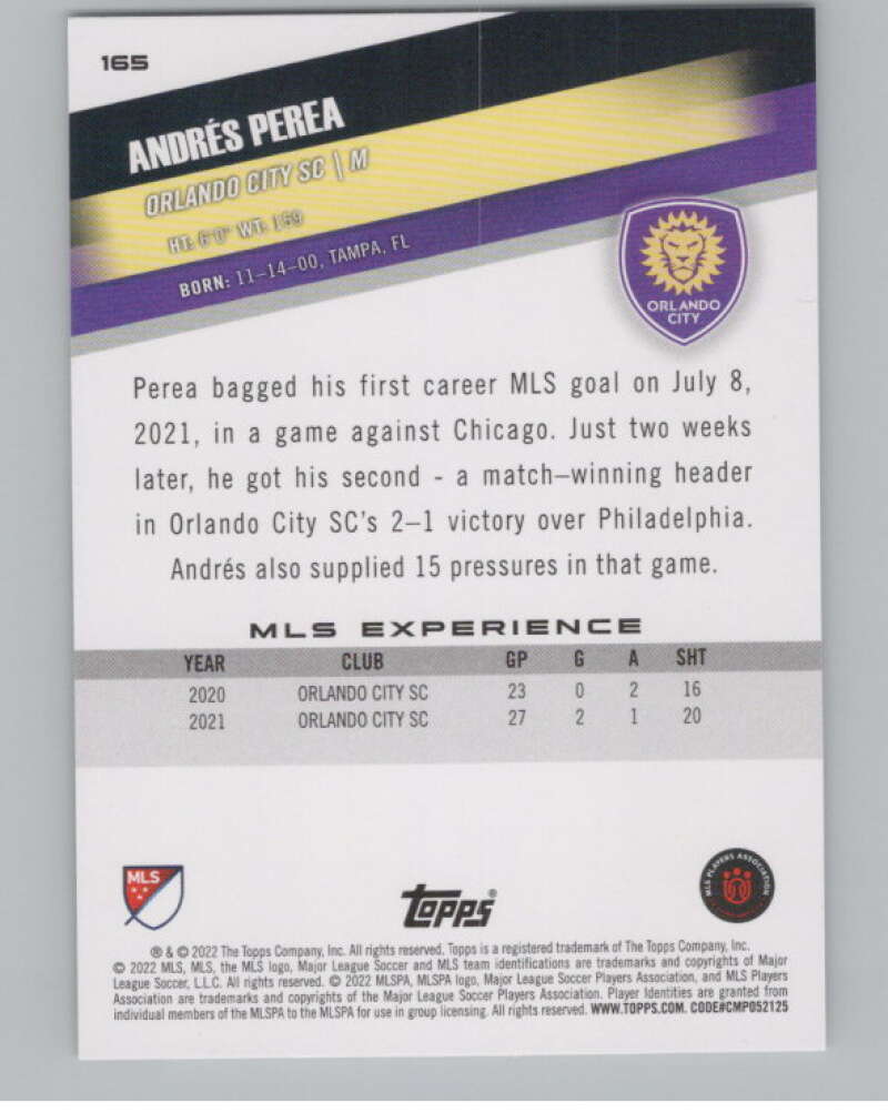 2022 Topps MLS Soccer #165 Andres Perea  Orlando City SC  V97879 Image 2