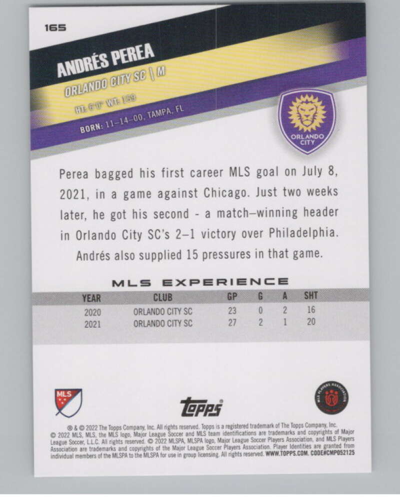 2022 Topps MLS Soccer #165 Andres Perea  Orlando City SC  V97880 Image 2