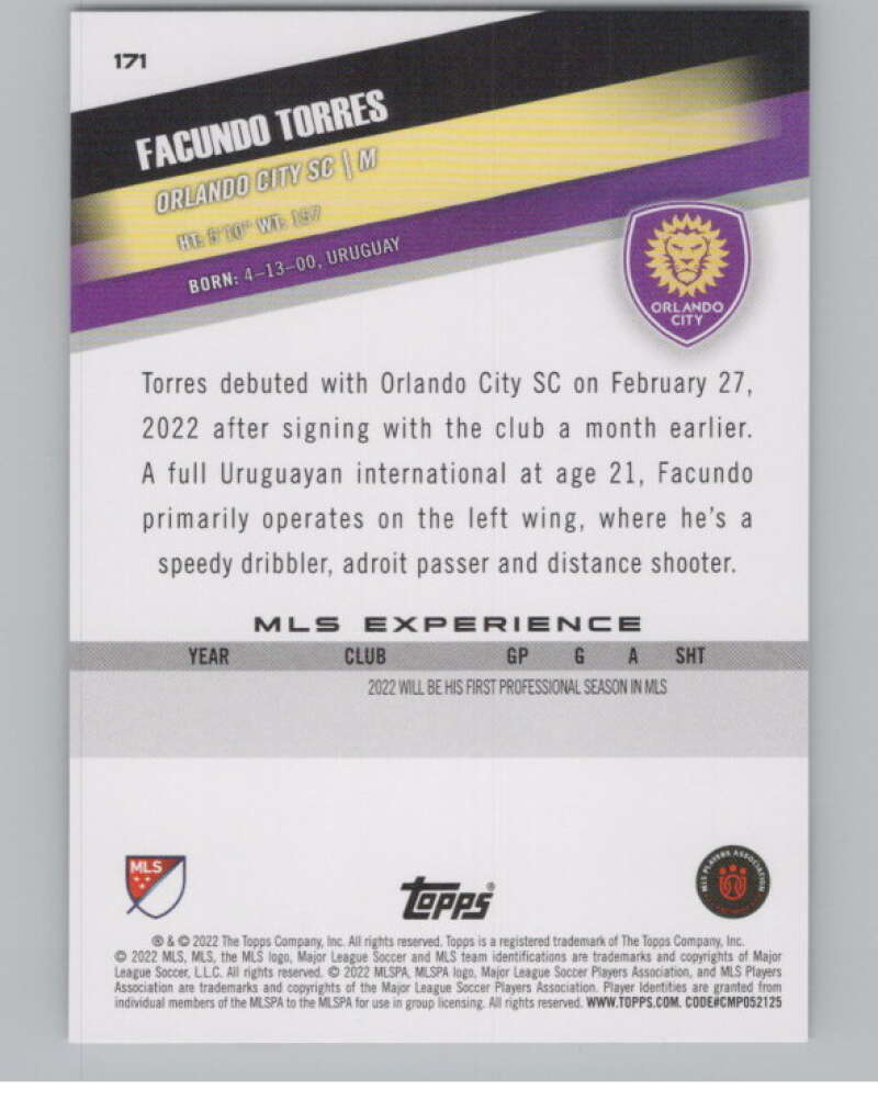 2022 Topps MLS Soccer #171 Facundo Torres  RC Rookie Orlando City  V97894 Image 2