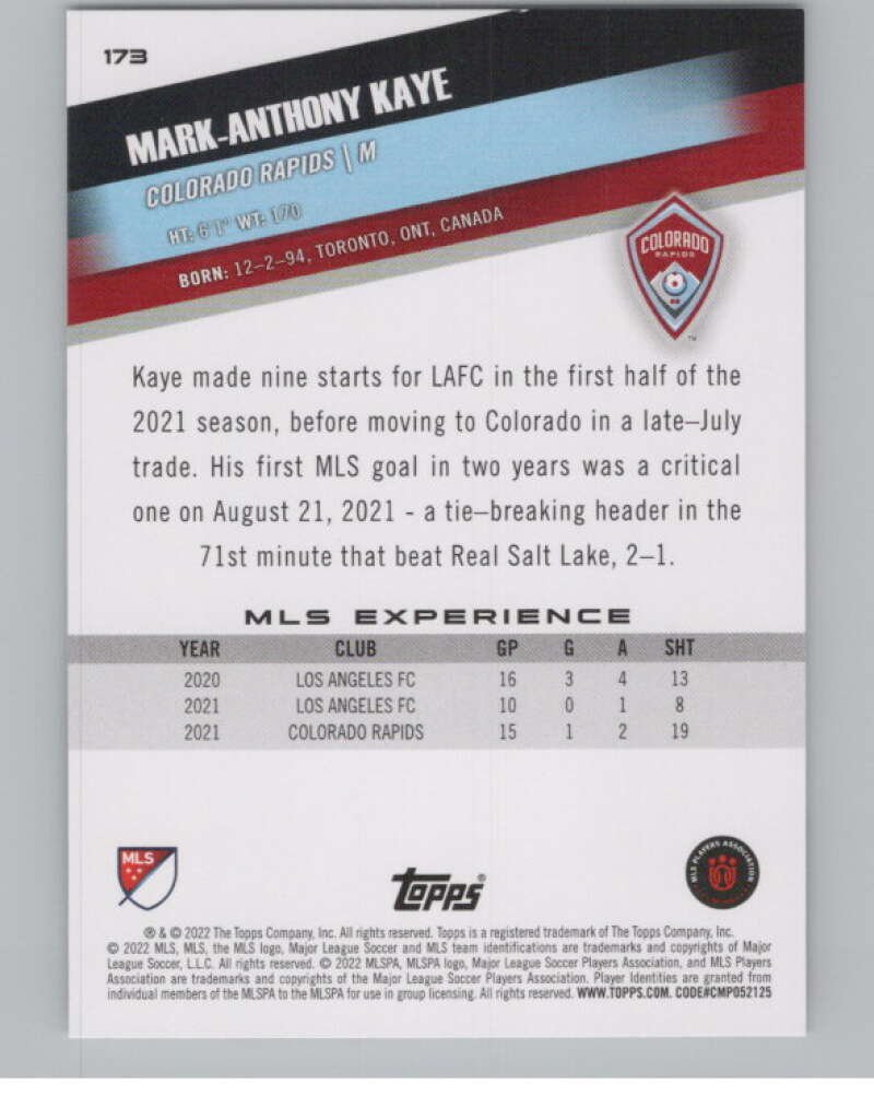 2022 Topps MLS Soccer #173 Mark-Anthony Kaye  Colorado Rapids  V97898 Image 2